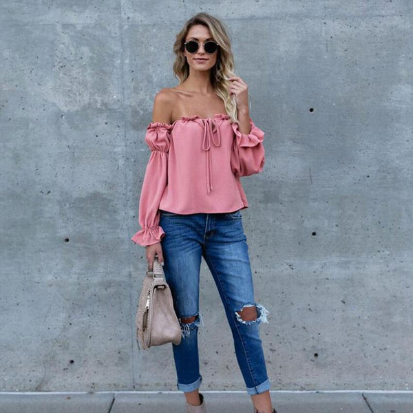 TIY Clothing Solid Color Casual Frilled Off-shoulder Design Lace-up Blouse TIY