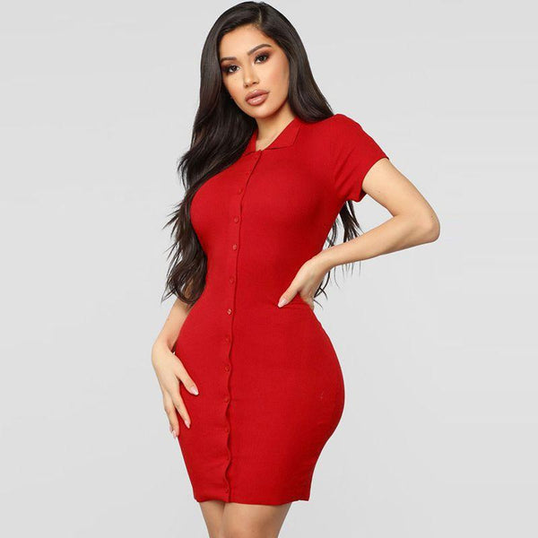 TIY Clothing Solid Color Casual Lapel Collar Short Sleeve Single-breasted Bodycon Dress TIY
