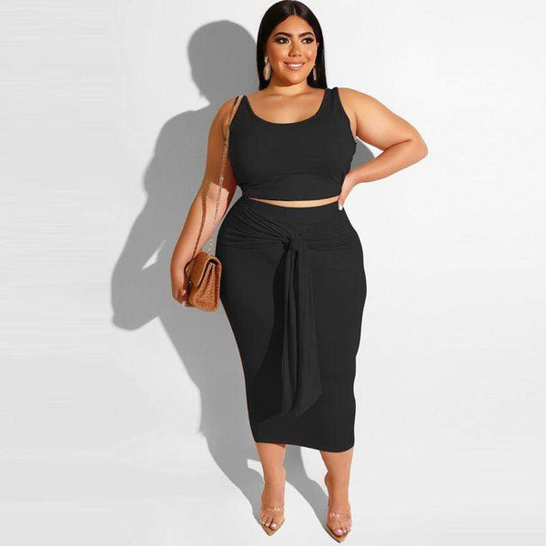TIY Clothing Solid Color Casual Self-Tie Design Women Tank Top Tight Skirt Plus Size Set TIY