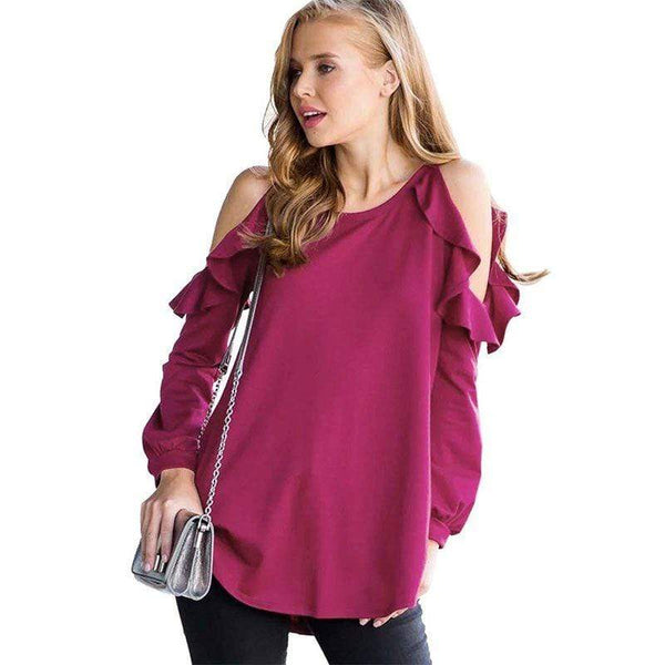 TIY Clothing Solid Color Cool-shoulder Frilled Long-sleeve Blouse TIY