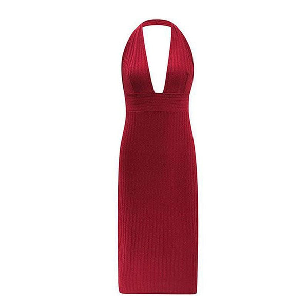 TIY Clothing Solid Color Deep V Neck Sexy Backless Halter Dress TIY