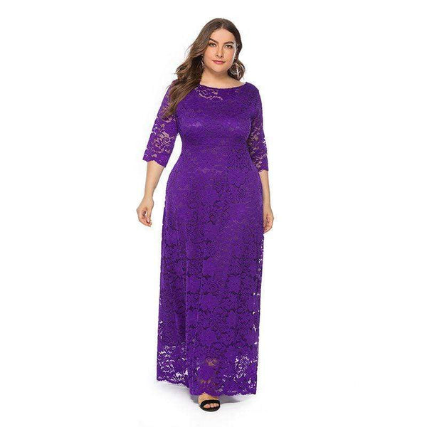 TIY Clothing Solid Color Hollow Lace Round Neck Long-sleeve Maxi Dress TIY