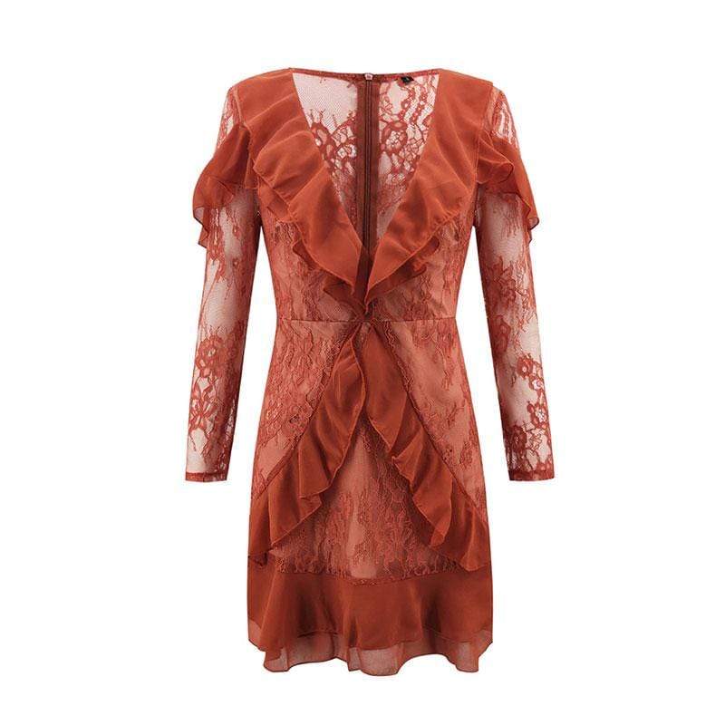 TIY Clothing Solid Color Lace Patchwork Long-sleeve Ruffled Mini Dress TIY