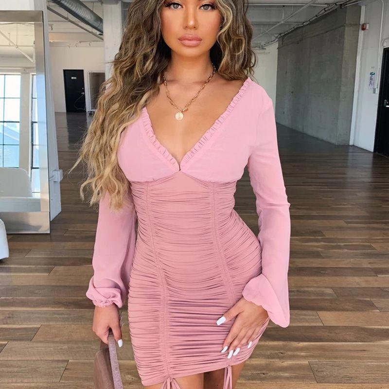 TIY Clothing Solid Color Long-sleeve Pleated Mesh Fabric Sexy Drawstring Mini Dress TIY