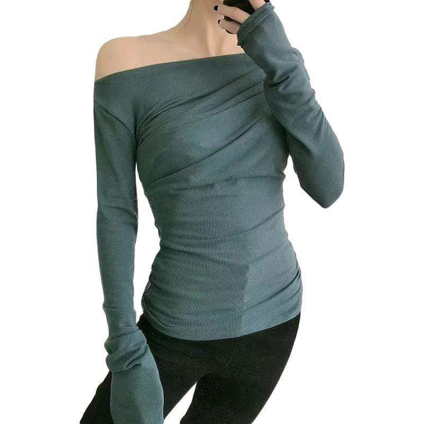 TIY Clothing Solid Color Off-shoulder Long-sleeve Pleated Stretchy Top TIY