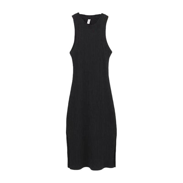 TIY Clothing Solid Color Rib-knit Design Women Round Neck Sleeveless Stretchy Dress TIY