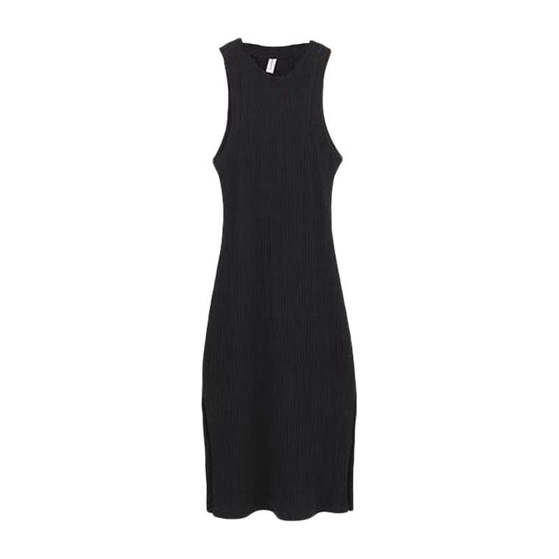 TIY Clothing Solid Color Rib-knit Design Women Round Neck Sleeveless Stretchy Dress TIY