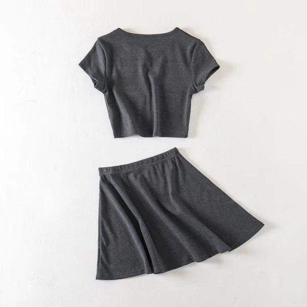 TIY Clothing Solid Color Rib-knit Pattern Short-sleeve Crop Top Mini Skirt Set TIY