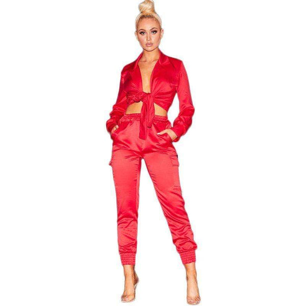 TIY Clothing Solid Color Satin Fabric Women Long-sleeve Cropped Top Jogger Pants Two-piece Set TIY