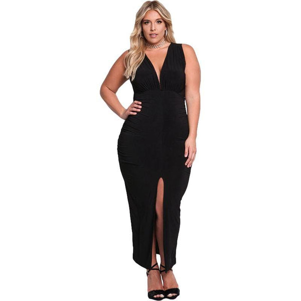 TIY Clothing Solid Color Sexy Sleeveless Deep V Neck Side Slit Long Dress TIY