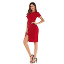 TIY Clothing Solid Color Short-sleeve Unique Beaded Side-slit Tight Dress TIY
