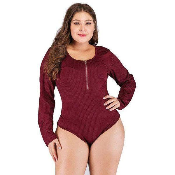 TIY Clothing Solid Color Unique Rib-knit Pattern Long-sleeve Plus Size Zipper Bodysuits TIY