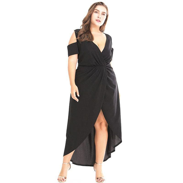 TIY Clothing Solid Color Women Sexy Cool-shoulder Design Deep V Neck Irregular Dress TIY