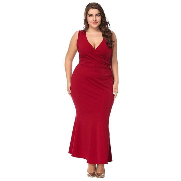 TIY Clothing Solid Color Women Sleeveless Surplice Pattern V Neck Plus Size Evening Party Dress TIY