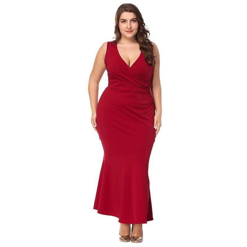 TIY Clothing Solid Color Women Sleeveless Surplice Pattern V Neck Plus Size Evening Party Dress TIY