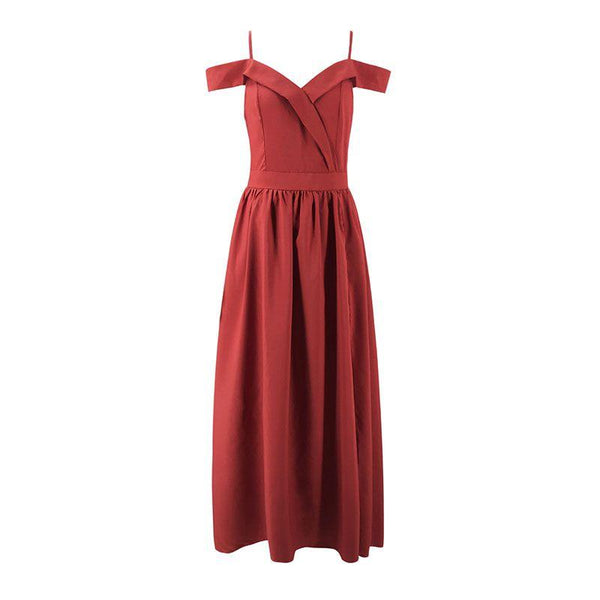 TIY Clothing Solid Color Women Spaghetti Strap Off-shoulder Design Side-slit Maxi Vacation Dress TIY