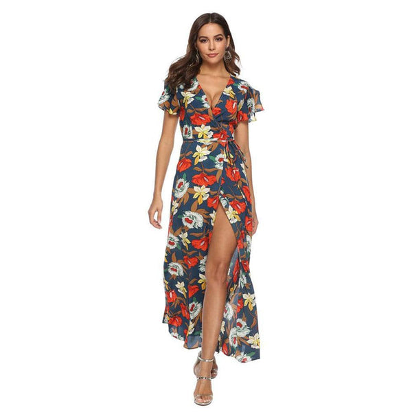 Summer Bright Color Flower Print Short-sleeve Surplice Maxi Dress