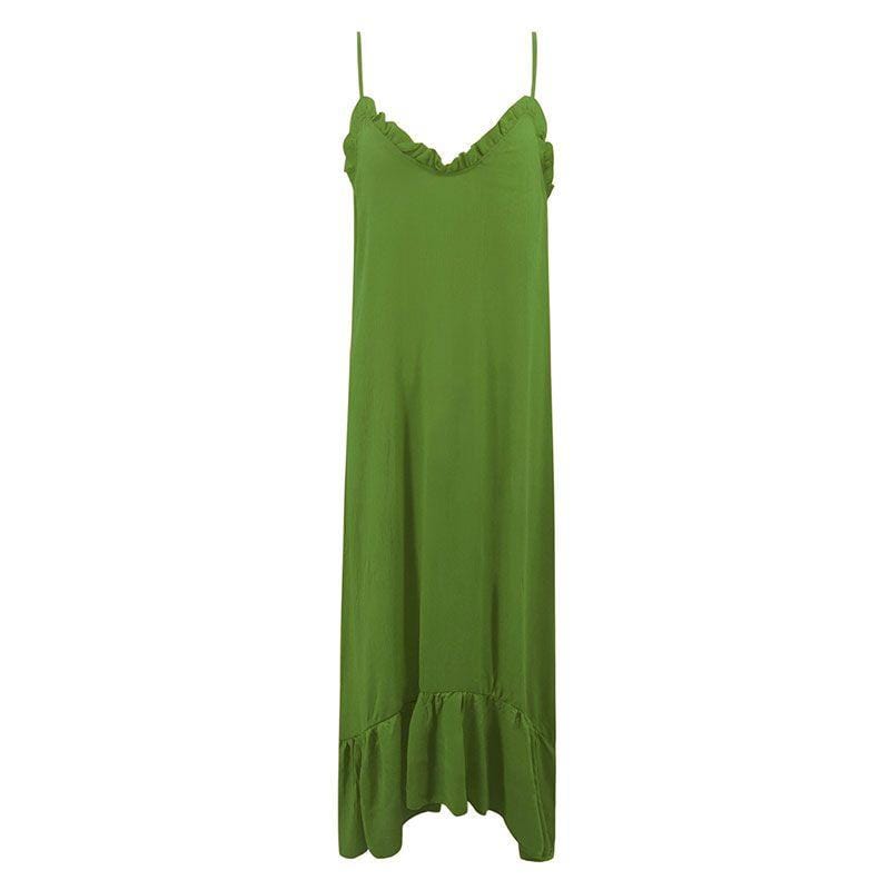 Summer Casual Plain Color Frilled V Neck Flouncing Hemline Maxi Dress