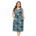 Summer Casual Sleeveless Multicolor Printed Pocket Design Plus Size Dress