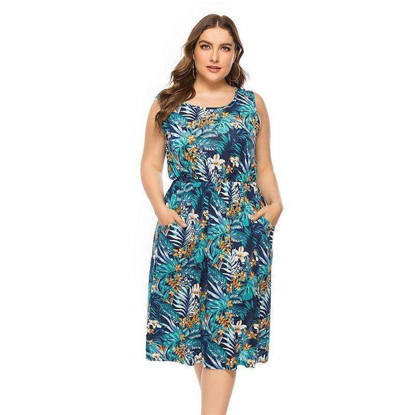 Summer Casual Sleeveless Multicolor Printed Pocket Design Plus Size Dress