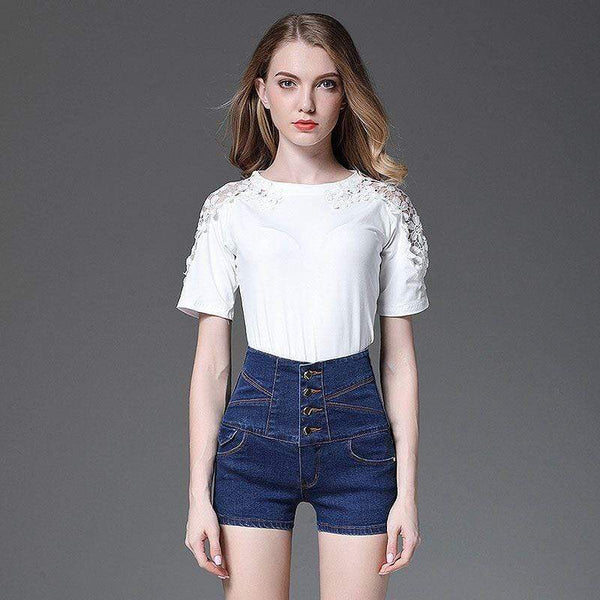Summer Casual Solid Color Good Stretch High-waisted Buttoned Denim Shorts