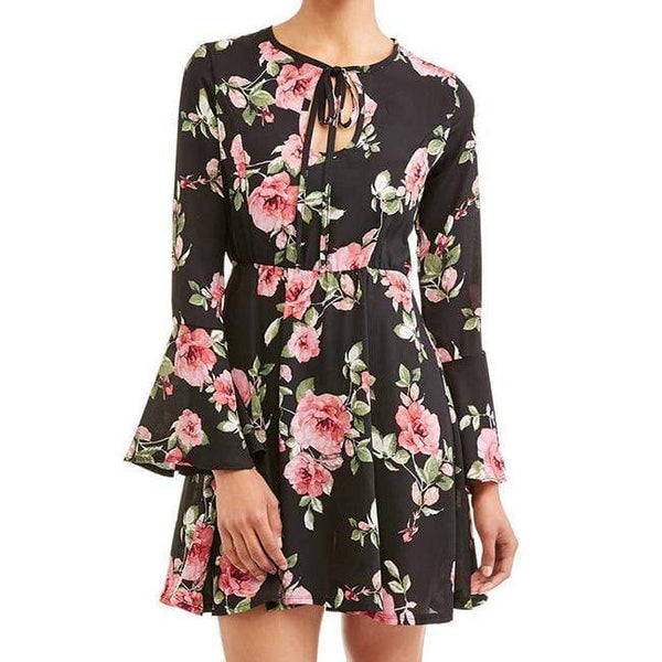 Summer Crew Neck Floral Printed Dress for Women with Long Sleeve