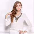 Summer Elegant Female Chiffon Hollow V-Neck Slim Sexy T-Shirt