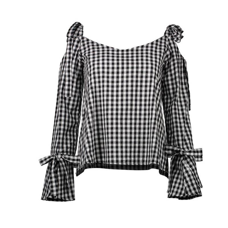 Summer Elegant Woman Strapless Bow-Knot Cross Lattice Loose Blouse