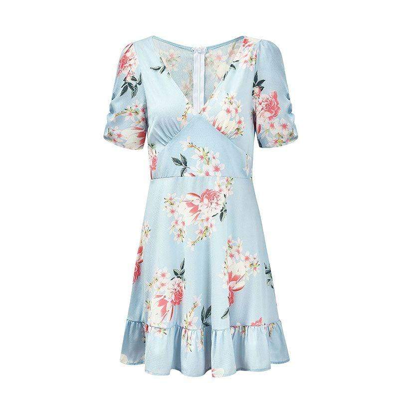 Summer Fashion Flower Print Short-sleeve V Neck Dress