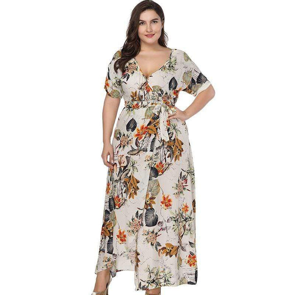 Summer New Design Plus Size Bohemian Style Floral Printed Short Sleeves Low Hemline Split Dress