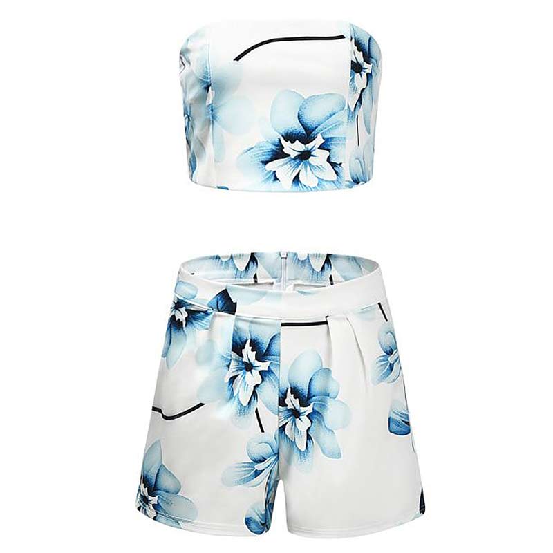 Summer Sexy Floral Printed Tube Top Loose Shorts Set