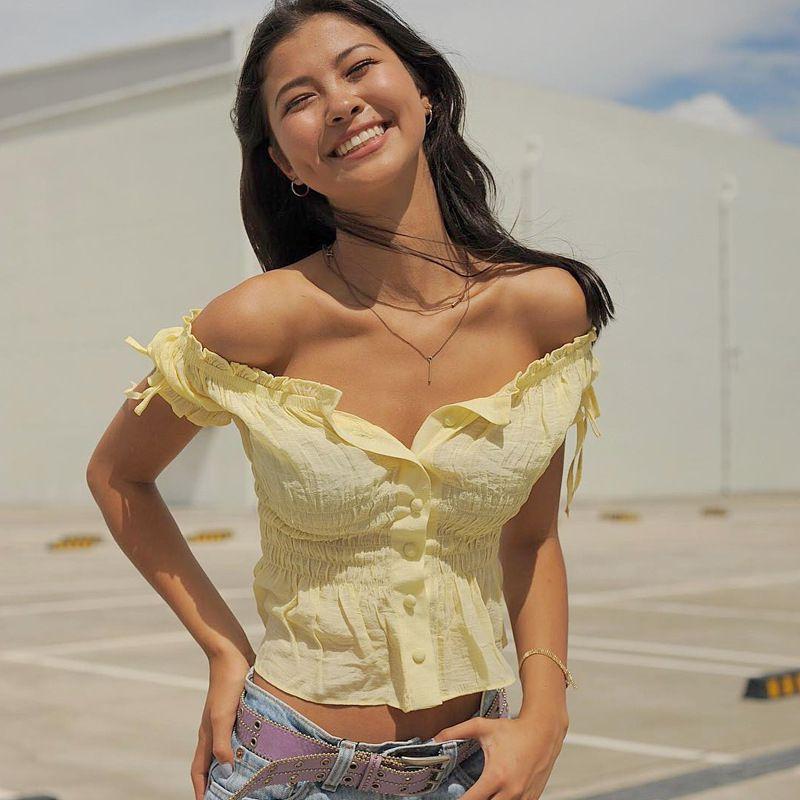 Summer Sexy Off-shoulder Buttoned Design Cotton Crop Top