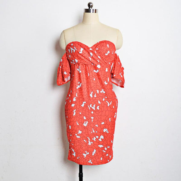 Summer Sexy Woman Strapless Flare Sleeve Floral Wrapped Slim Dress