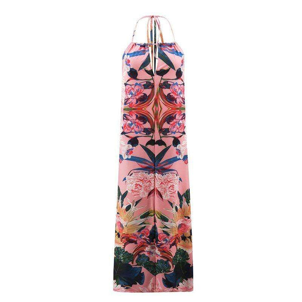 TIY Clothing Summer Vacation Casual Backless Halter Neck Flower Printed Maxi Dress TIY