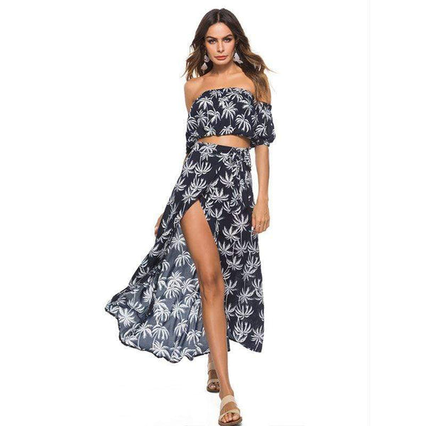 Summer Vacation Coconut Tree Printed Casual Off-shoulder Crop Top Side-slit Skirt Set