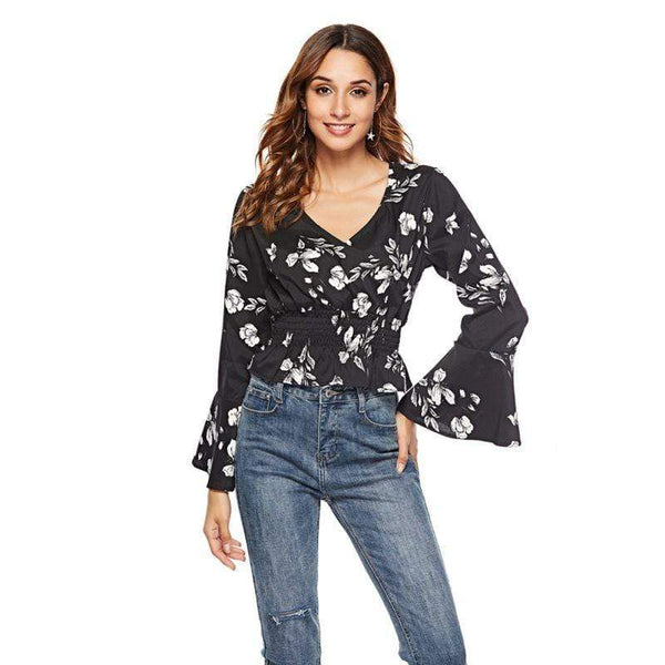 Summer Vacation Flare Sleeve Floral Printed Surplice Blouse