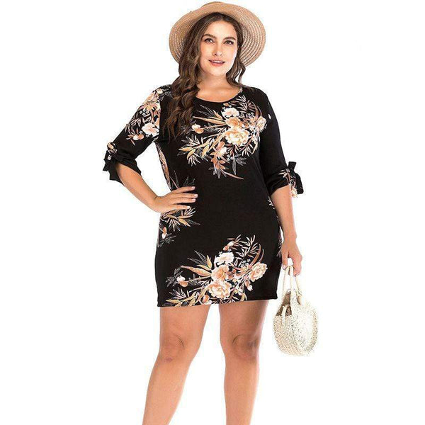 Summer Vacation Pattern Lovely Floral Printed Plus Size Women Short Sleeves Dress