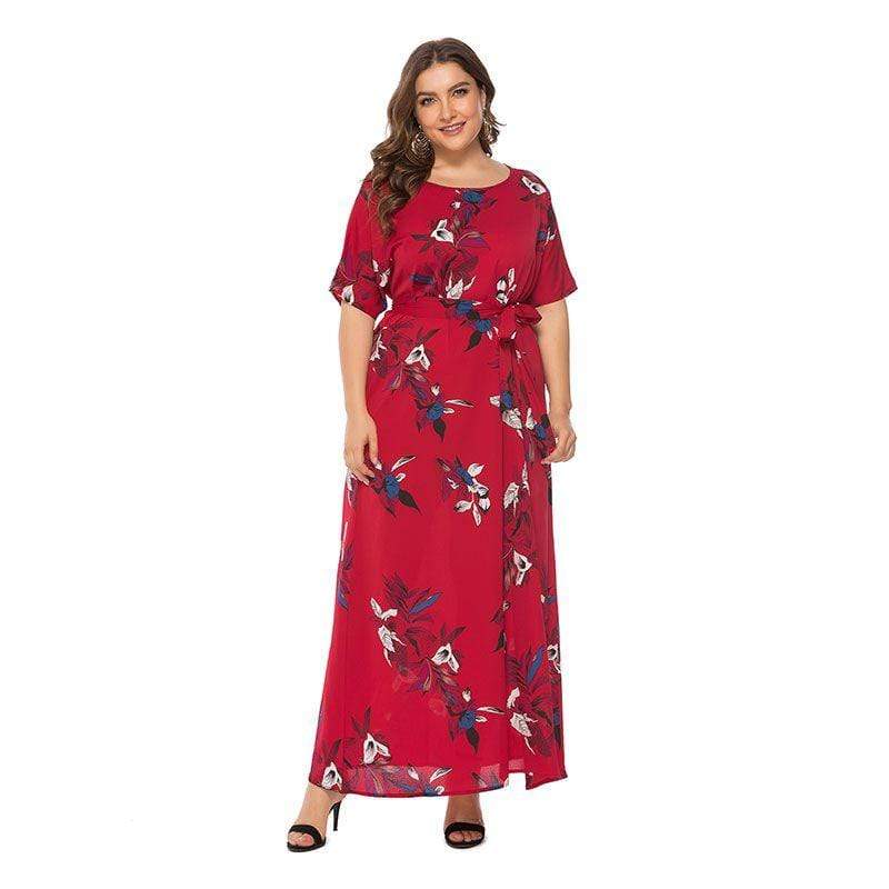 Summer Vacation Tropical Flower Print Short-sleeve Sash Maxi Dress