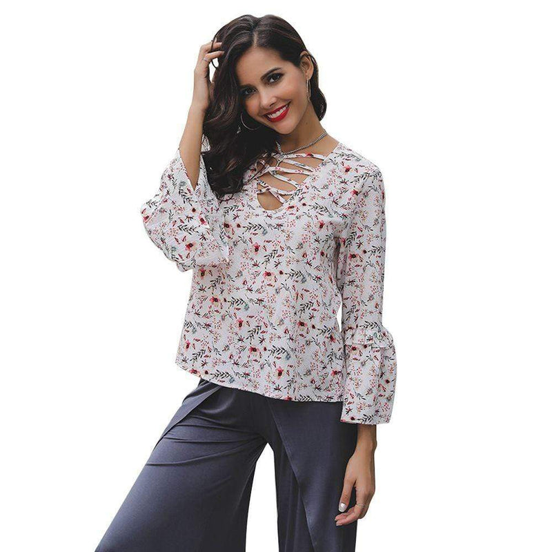 Summer Vacation Unique V Neck Lace-up Design Flare Sleeve Floral Blouse