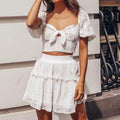 Summer Vintage Square Neck Puff Sleeve Cropped Lace Top Frilled Swing Skirt Set