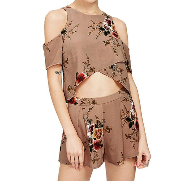 Summer Woman Simple Floral Chiffon Strapless Casual Short Two Piece Suits