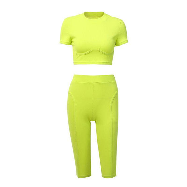 Summer Women Solid Color Short-sleeve Cropped T-shirt Tight Pants Sporty Set