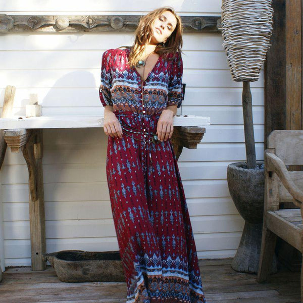 Summer Women V Neck Single-breasted Boho Maxi Dress