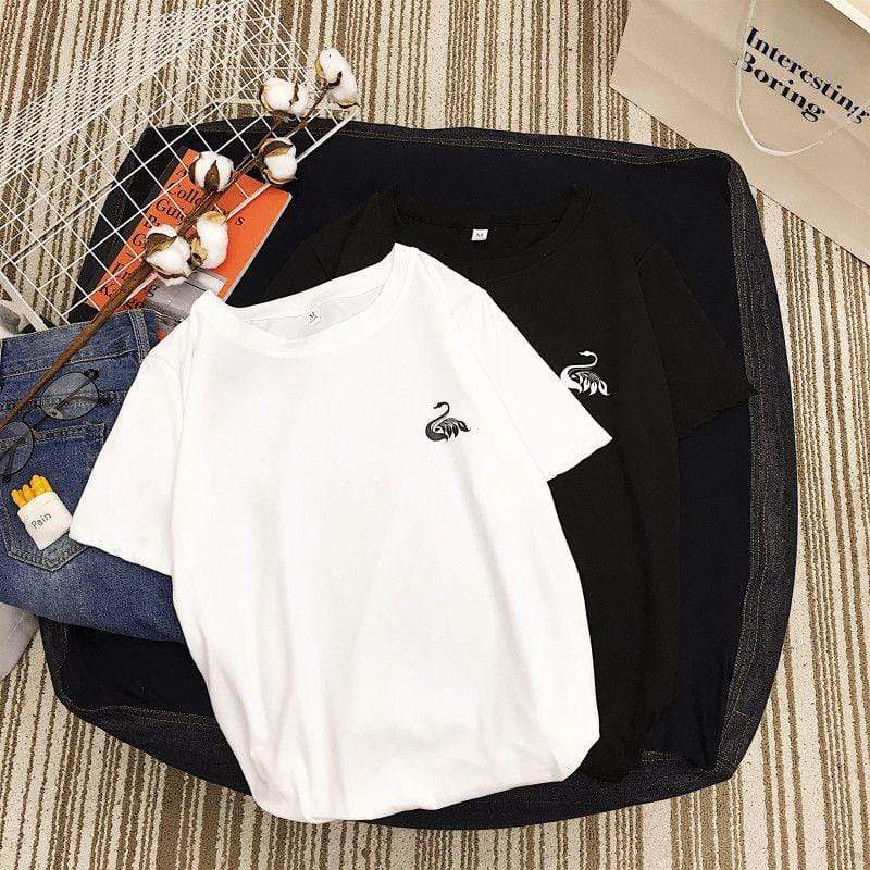 Swan Print Solid Color Round Collar Women Loose T-shirt