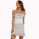 Sweet Lace Patchwork Stripes Print Spaghetti Strap Ruffled Dress