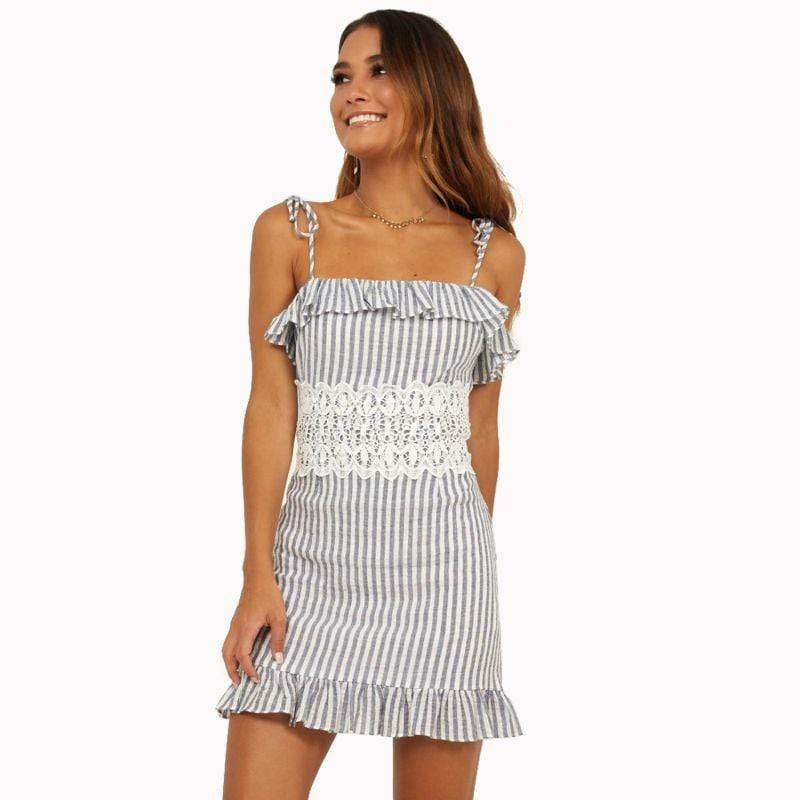 Sweet Lace Patchwork Stripes Print Spaghetti Strap Ruffled Dress