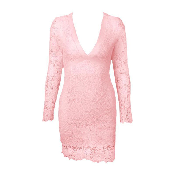 TIY Clothing Sweet Sexy Women Lace Woven Hollowed Long Sleeves Deep V Neck Slim Dress TIY