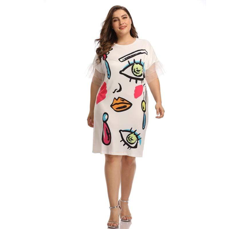 Sweet Style Plus Size Women Round Collar Short Sleeve Knee Length Skirt