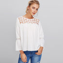 Sweet Women Fashion Lace Long Flare Sleeves Solid Color Blouse