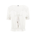 Sweet Women Lace Patchwork Frilled Short-sleeve Tassel Lace-up Cropped Blouse